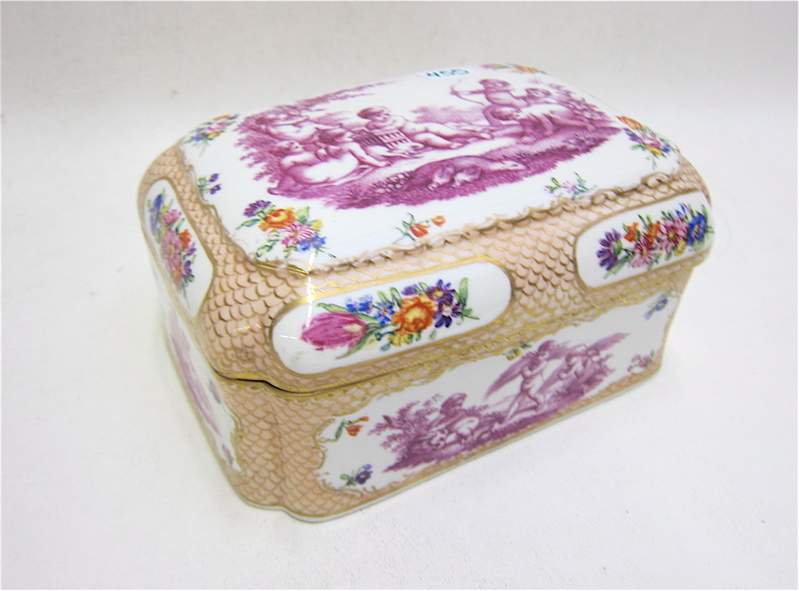 Appraisal: FRENCH HAND PAINTED PORCELAIN BOX of casket form with Rococo