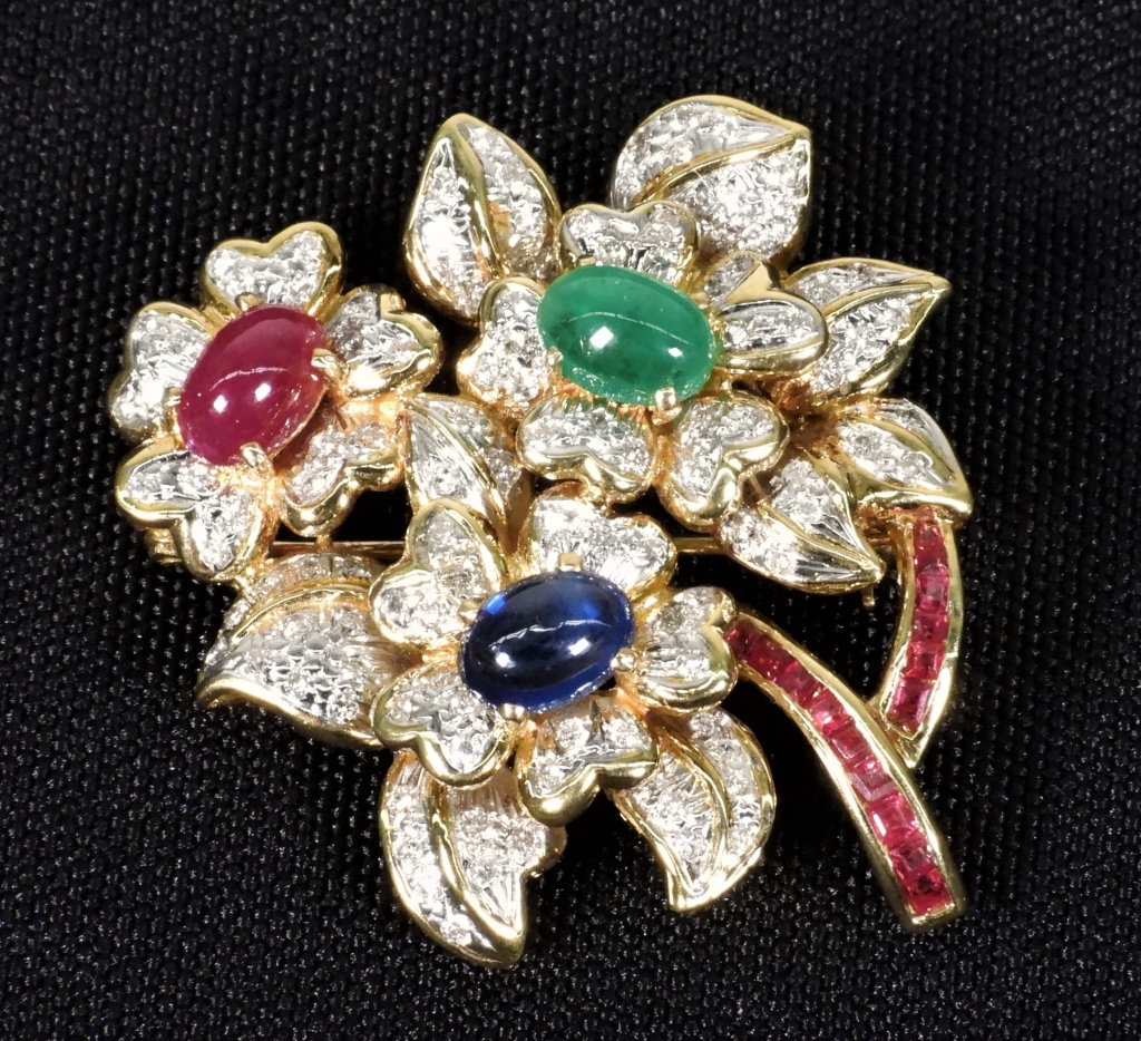 Appraisal: K GOLD DIAMOND RUBY EMERALD SAPPHIRE BROOCH K yellow gold