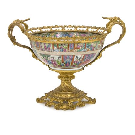 Appraisal: Chinese Export Gilt-Metal Mounted Famille Rose Porcelain Two-Handled Center Bowl