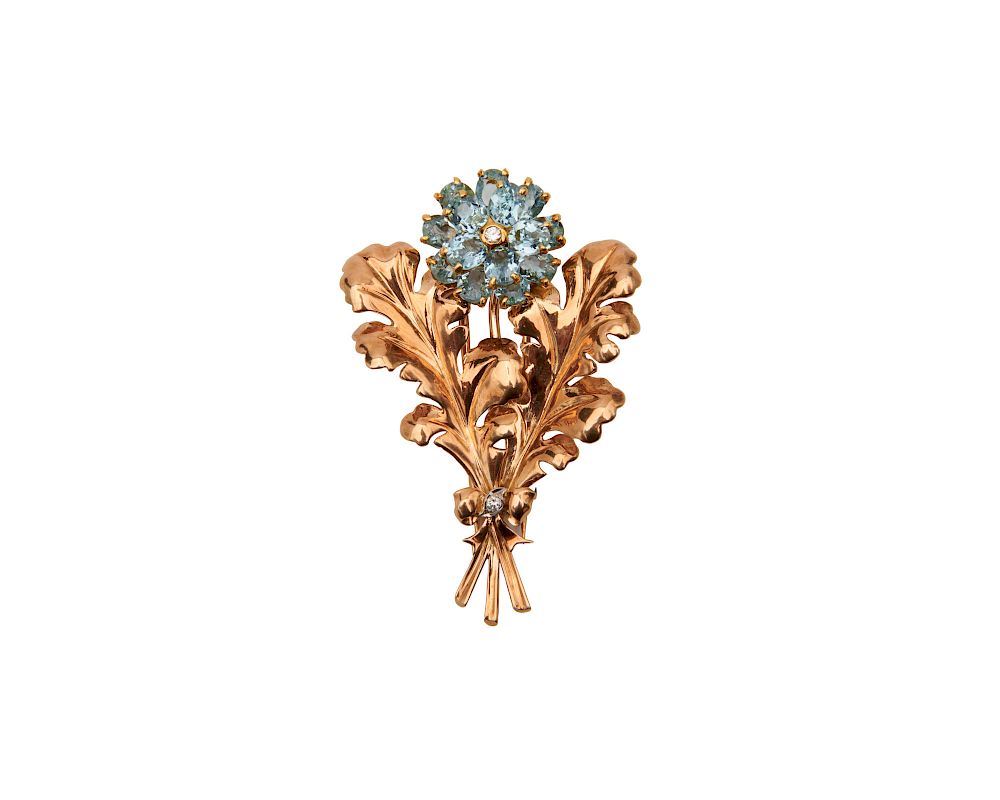 Appraisal: CARTIER K Gold Aquamarine and Diamond Brooch CARTIER K Gold