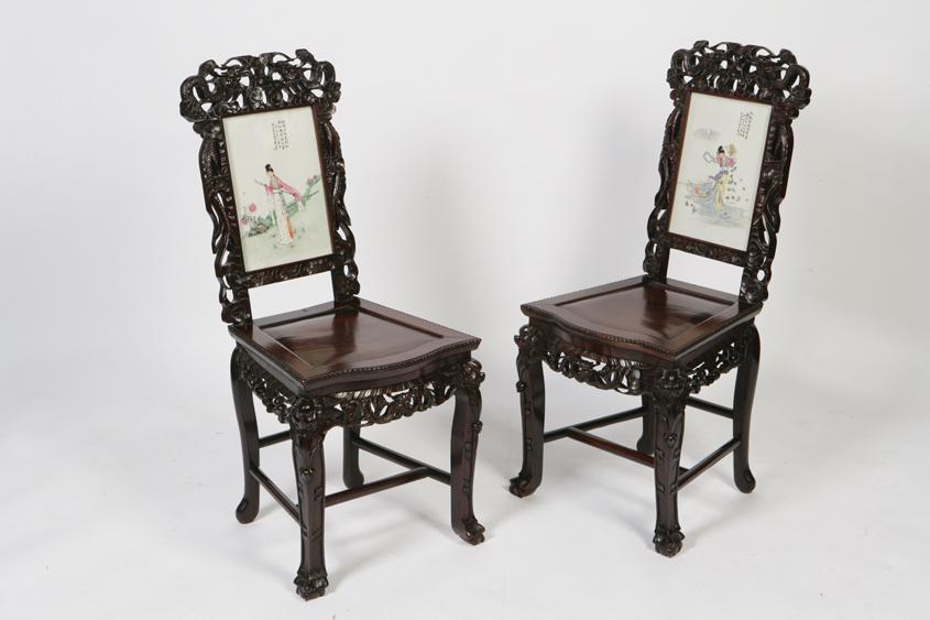 Appraisal: A PAIR OF CHINESE HARDWOOD SIDE CHAIRS each with pierced