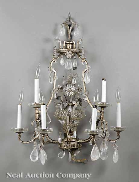 Appraisal: Four Silvered Metal and Rock Crystal Six-Light Sconces having scroll