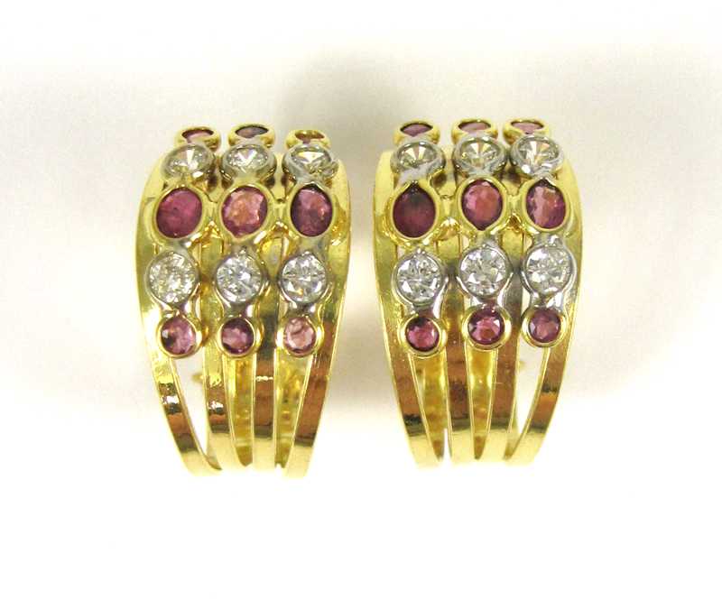 Appraisal: PAIR OF RUBY AND EIGHTEEN KARAT GOLD EARRINGS each yellow