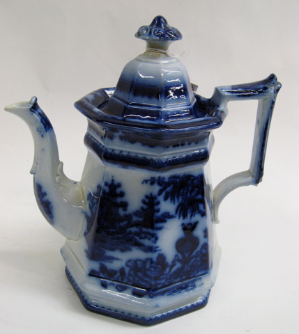 Appraisal: OLD FLOW BLUE TALL TEAPOT c blue outdoor scene on