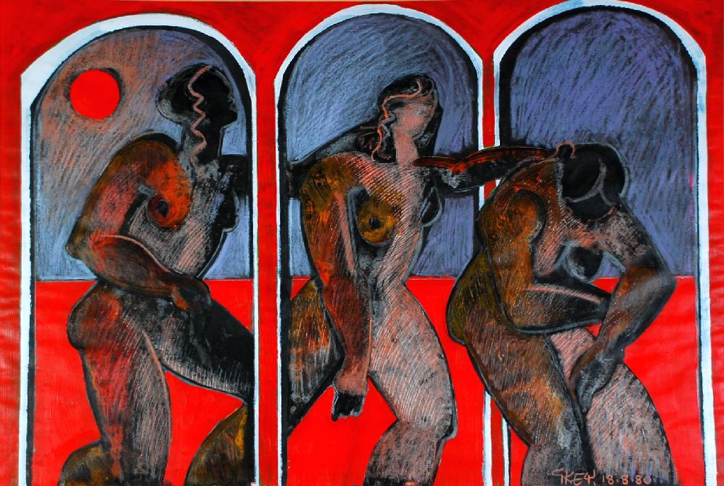 Appraisal: GEOFFREY KEY b MIXED MEDIA Figures passing through arches signed