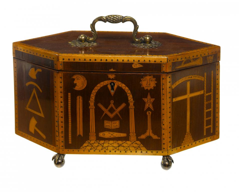 Appraisal: FREEMASONRY AN INLAID MAHOGANY TEA CADDY of hexagonal form crossbanded