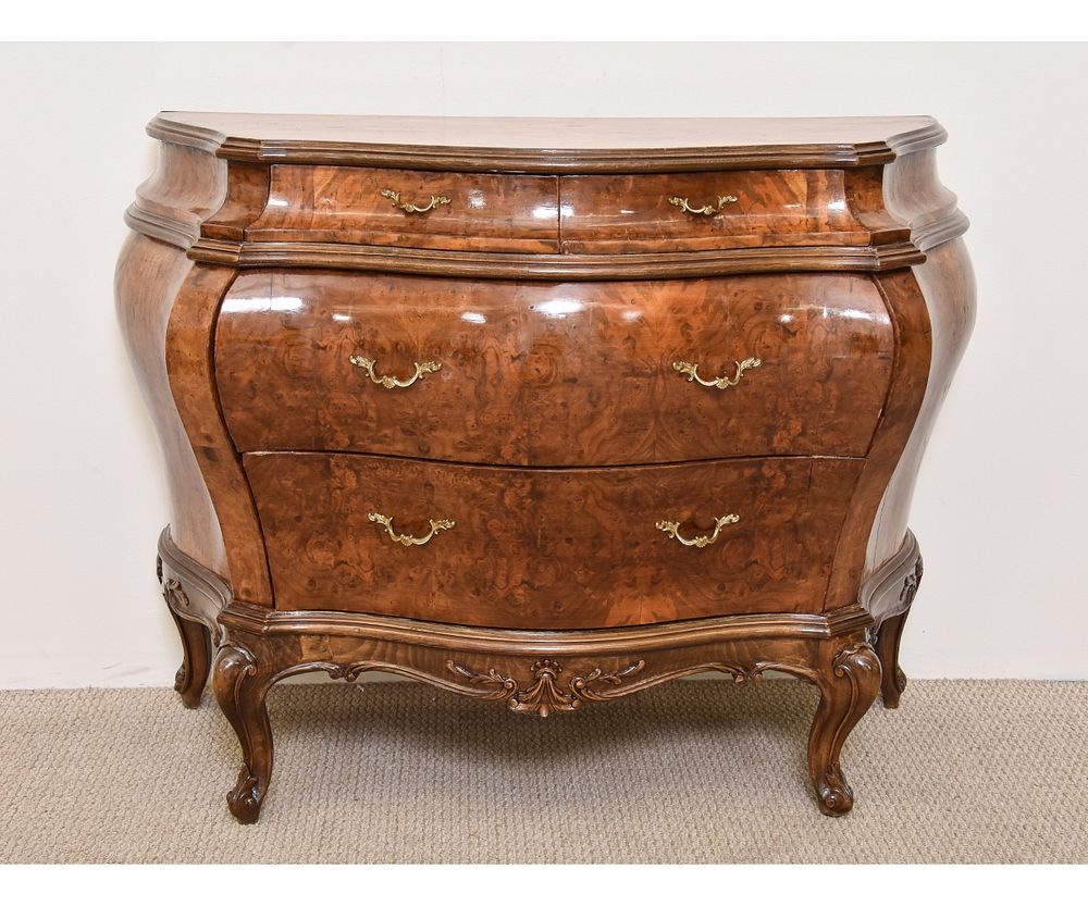 Appraisal: Burl Walnut Veneer Bombe Chest Burl walnut bombe chest of