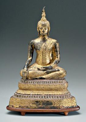 Appraisal: Thai bronze Buddha ratnakosin style seated in dhyanasana performing bhumisparsa