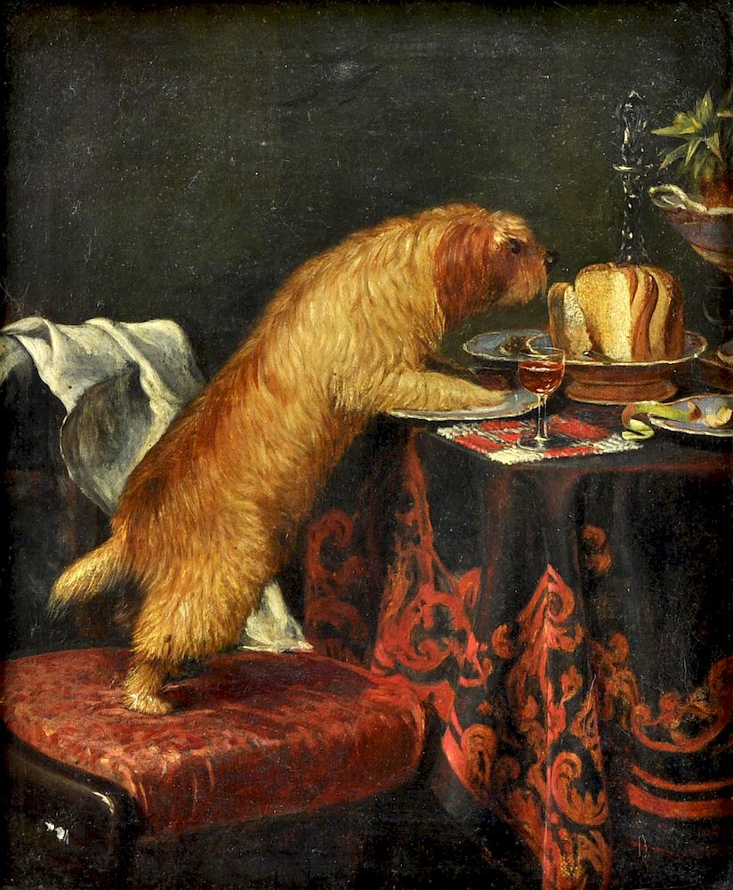 Appraisal: John Watkins Chapman Dog's Dessert Oil Painting John Watkins Chapman