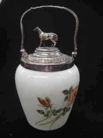 Appraisal: Victorian Art Glass Biscuit Jar rose decor silverplate top with