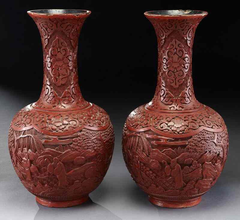 Appraisal: Pr Chinese Qing carved cinnabar vasesdepicting figures in a landscape