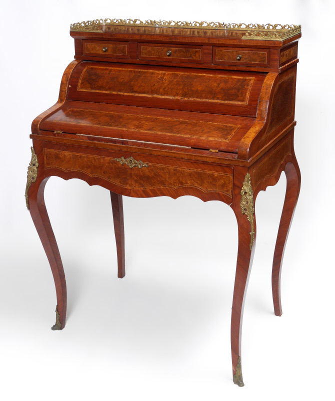 Appraisal: INLAID LADIES MECHANICAL WRITING DESK Top with openwork gilt metal