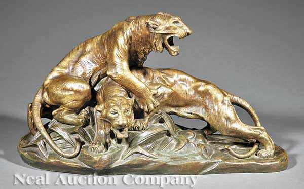 Appraisal: An Antique French Patinated Bronze of Fighting Bengals after Edouard