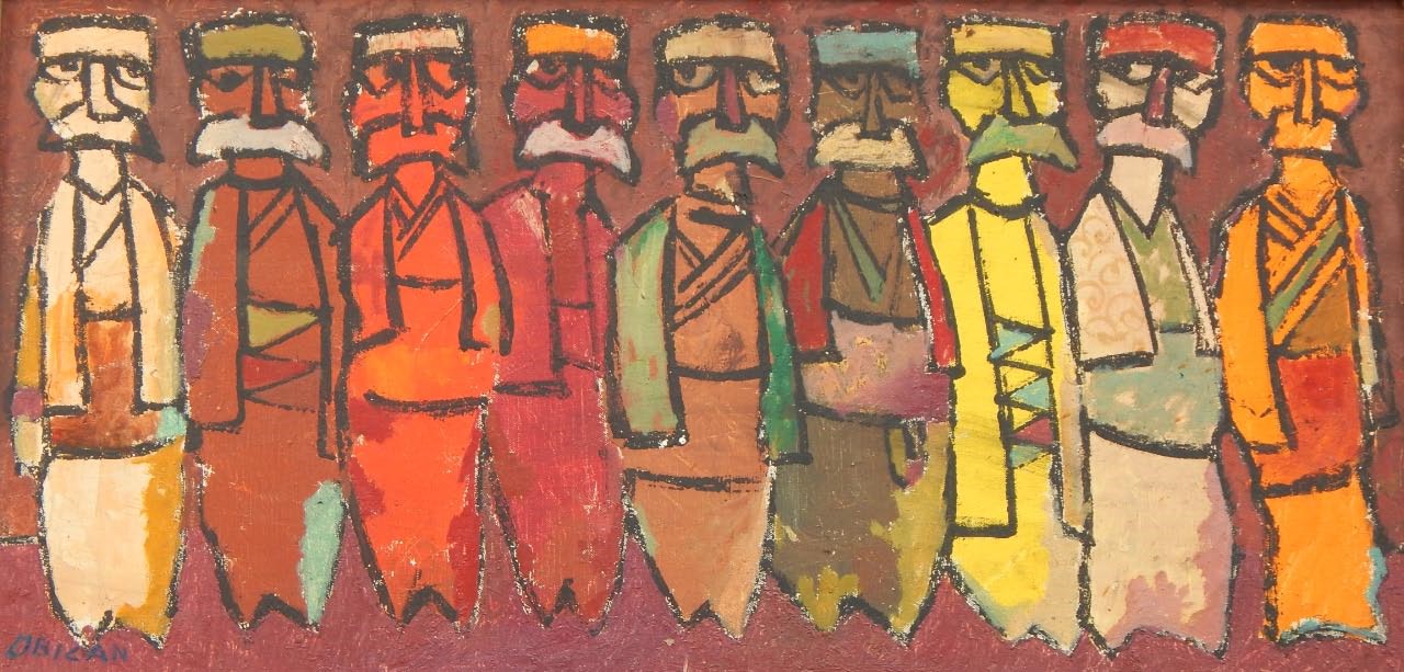 Appraisal: Jouan Obican - Nine figures standing oil on board signed