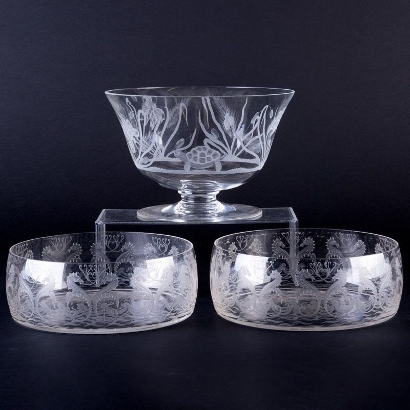 Appraisal: Three Etched Glass Sea Themed Bowls The pair x in