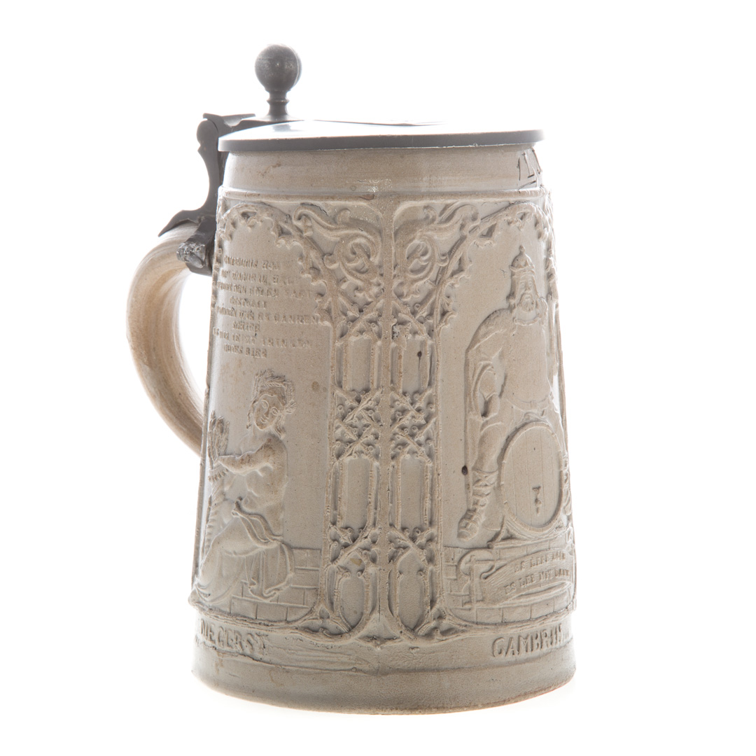 Appraisal: German pewter-mounted salt glazed stein circa with relief vignettes of