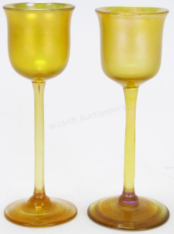 Appraisal: Two Tiffany Favrile Liqueur Stems stemmed gold iridescent liqueur glasses