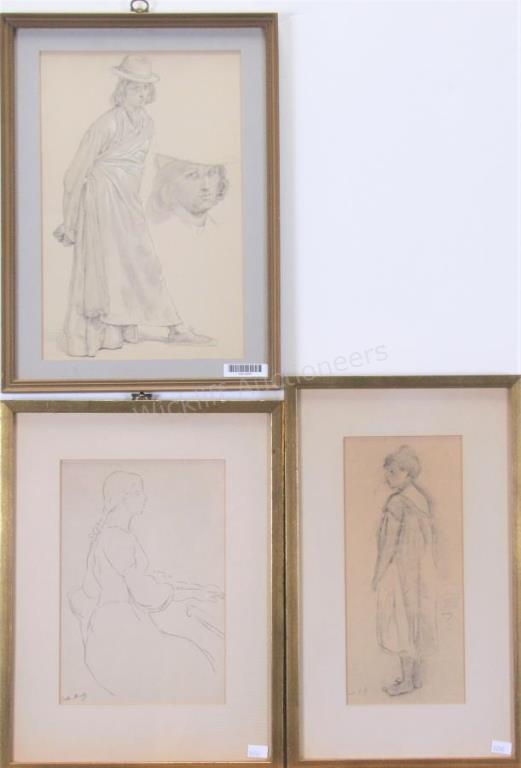 Appraisal: Three items including an unsigned original pencil sketch of woman