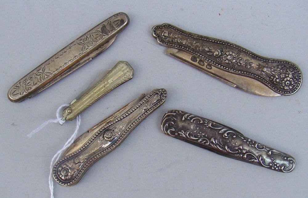 Appraisal: FIVE SILVER OR SILVER PLATED POCKETKNIVES American th CenturyAll with