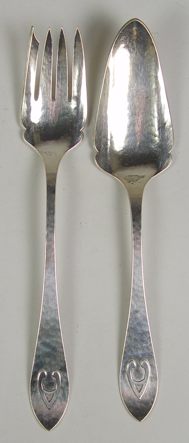 Appraisal: Sterling Hand-Hammered Arts Crafts Salad Set Marked Sterling Kalo G