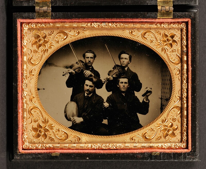 Appraisal: Quarter Plate Vocational Tintype of Four Musicians in a black