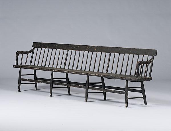 Appraisal: LONG WINDSOR BENCH IN BLACK PAINT New England mid- th