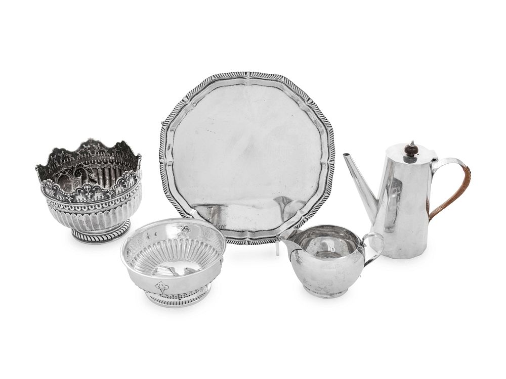 Appraisal: A Group of Five English Silver Table Articles A Group