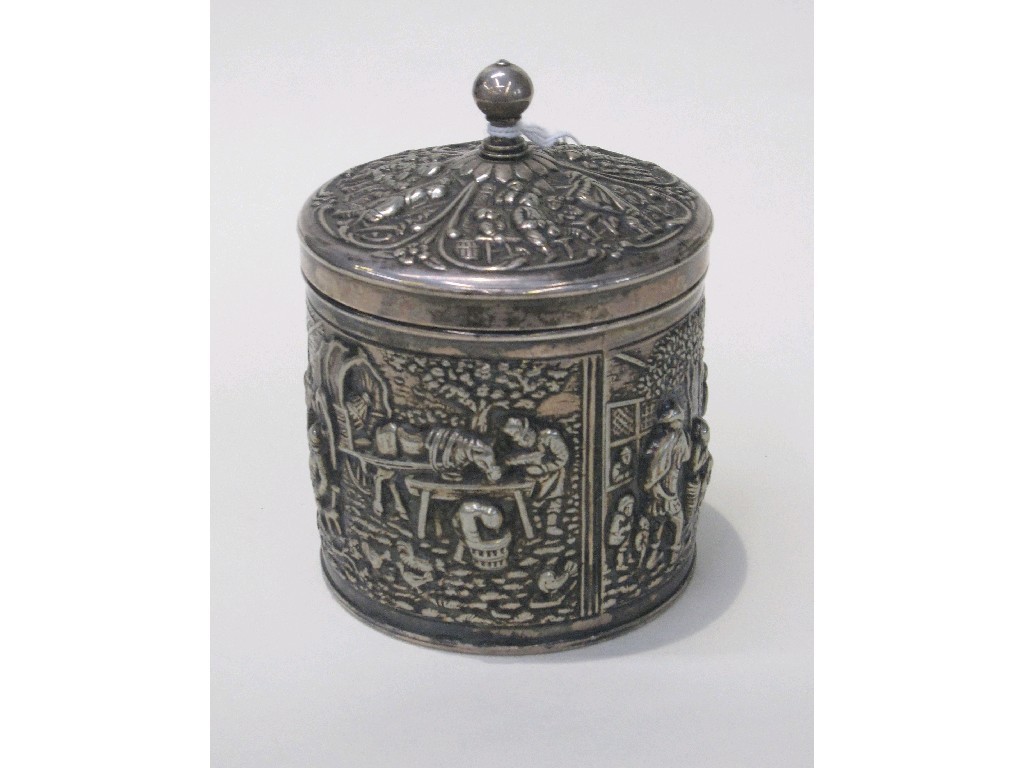 Appraisal: Continental embossed silver lidded box decorated with rural scenes