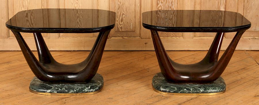 Appraisal: PAIR ITALIAN SIDE TABLES BLACK GLASS TOP C An elegant