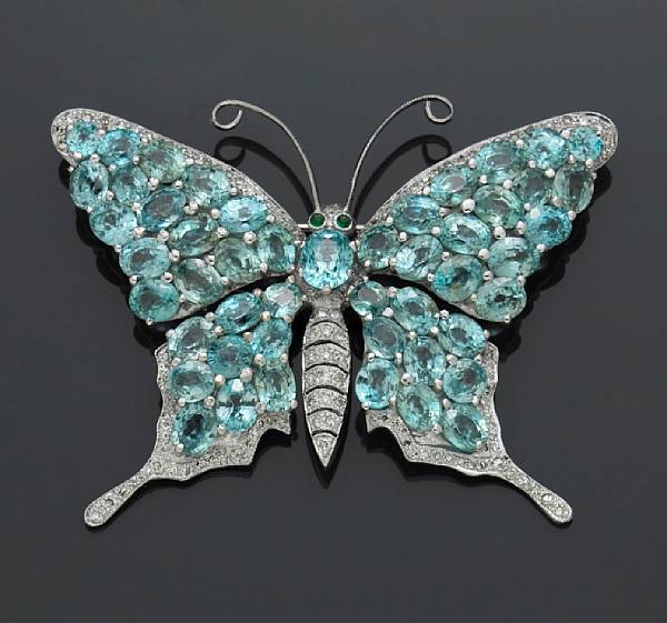 Appraisal: A blue zircon and diamond butterfly brooch estimated total zircon