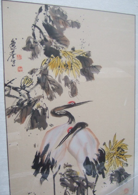 Appraisal: Japanese School two paintings of cranes amongst prunus and magnolia