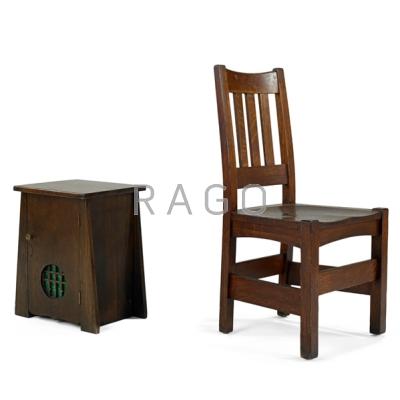 Appraisal: ARTS CRAFTS Smoking cabinet and side chair Oak slag glass