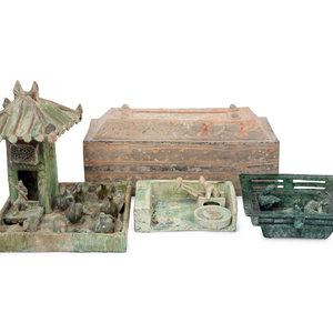 Appraisal: Three Chinese Green-Glazed Pottery Models and A Chinese Pottery Rectangular