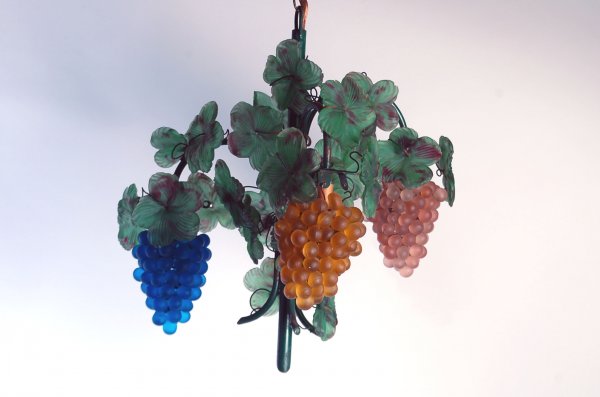 Appraisal: Hanging grapes and leaves glass lamp Glass grapes in three