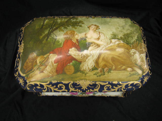 Appraisal: Fine Porcelain Dresser Box courting scene decor cobalt gold trim