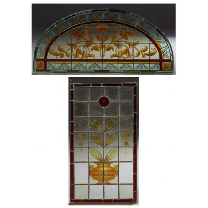 Appraisal: Two Hand Painted Leaded Stained Glass Windows late th c