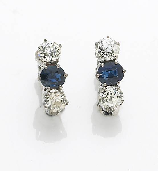 Appraisal: A pair of sapphire diamond and k white gold earclips