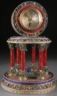 Appraisal: GILT JEWELED ENAMEL ARCHITECTURAL CLOCK AN INTERESTING GILT FILIGREE JEWELED