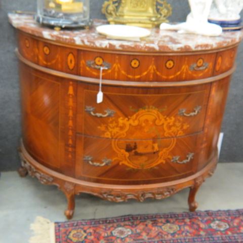 Appraisal: Demilune Marble Top Cabinet fine inlay with garland medallions bellflowers