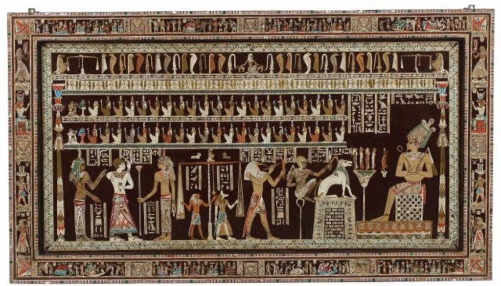 Appraisal: Large Egyptianesque painted and inlaid panel with shell and metal