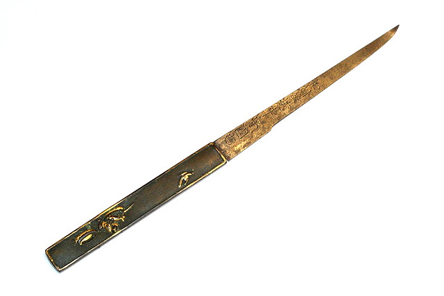 Appraisal: A JAPANESE BRONZE HANDLED KNIFE with a gilt figure of