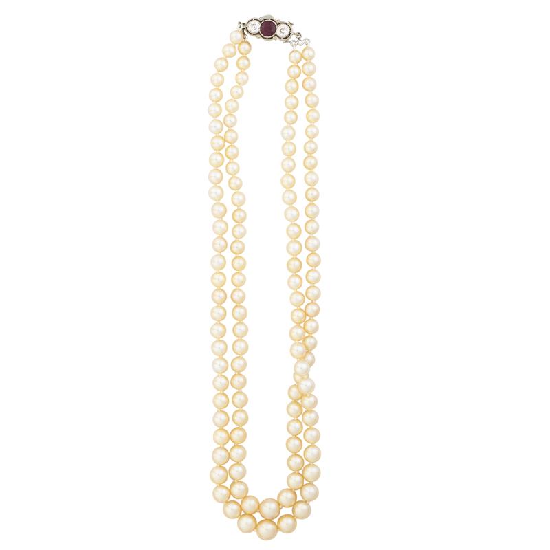 Appraisal: AKOYA PEARL SPINEL AND DIAMOND NECKLACE Two concentric strands of