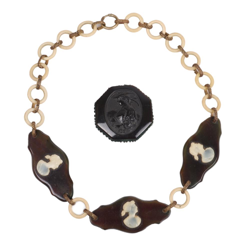 Appraisal: FRENCH DESIGNER BAKELITE CELLULOID AND BRASS CAIN CAMEO NECKLACE WITH