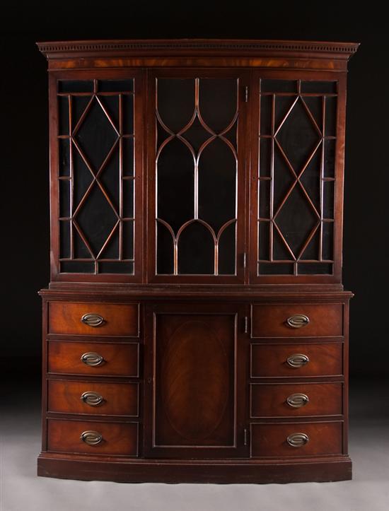 Appraisal: George III style mahogany and glass panel bow-front china cabinet