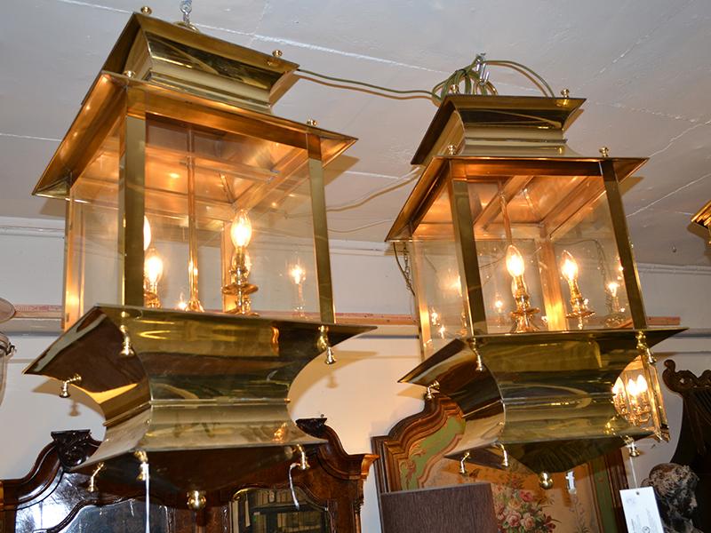 Appraisal: A PAIR OF BRASS PAGODA TOP LANTERNS the glass and