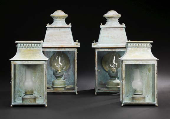 Appraisal: Pair of Verdigris-Patinated Brass Entrance Lanterns in the Georgian style