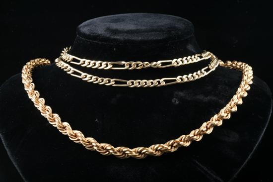 Appraisal: TWO YELLOW GOLD NECKLACES One K gold rope chain mm