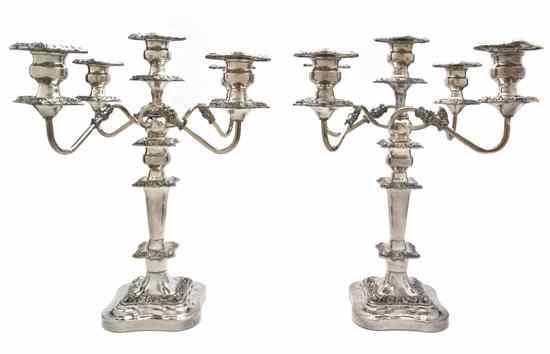 Appraisal: A Pair of English Silverplate Five-Light Candelabra each with baluster