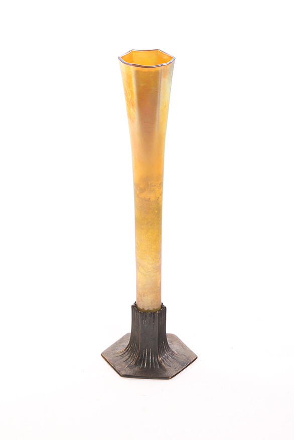 Appraisal: TIFFANY FAVRILE TRUMPET VASE IN A BRONZE HOLDER American st