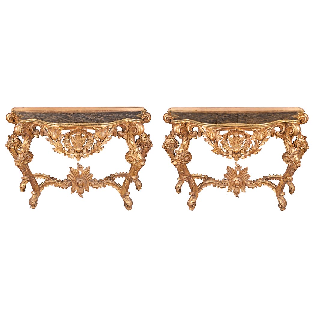 Appraisal: Pair of Louis XV Style Giltwood Consoles Third quarter of